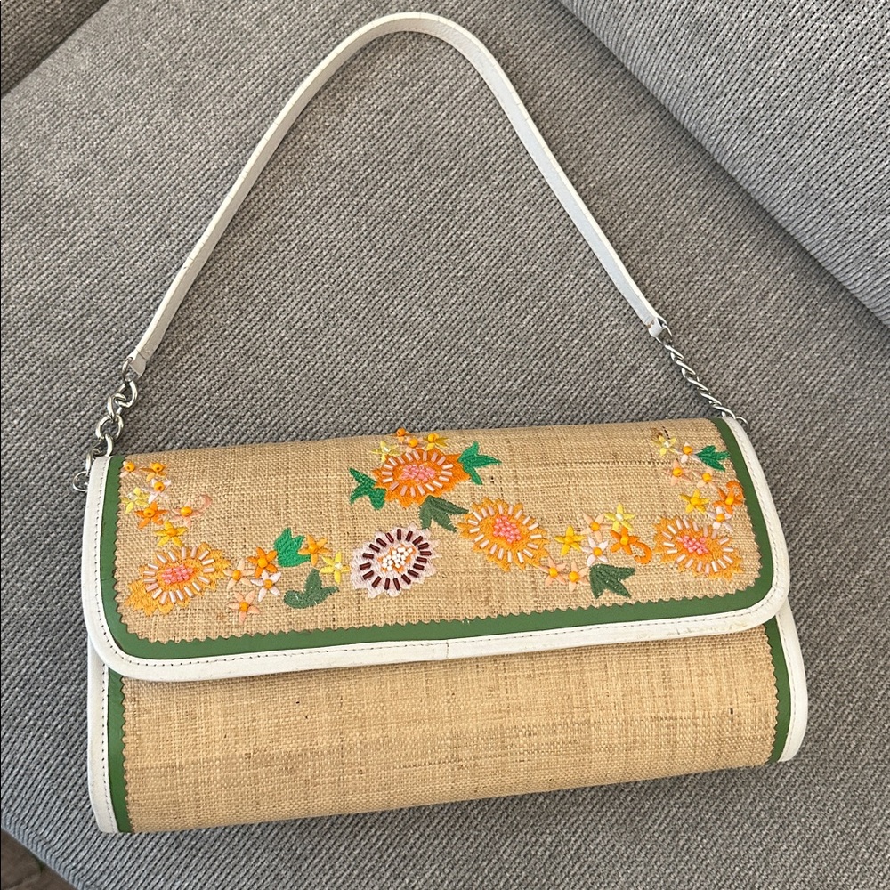 The Sak Straw Embroidered Floral Bag / Clutch Leather Trim Removable Strap